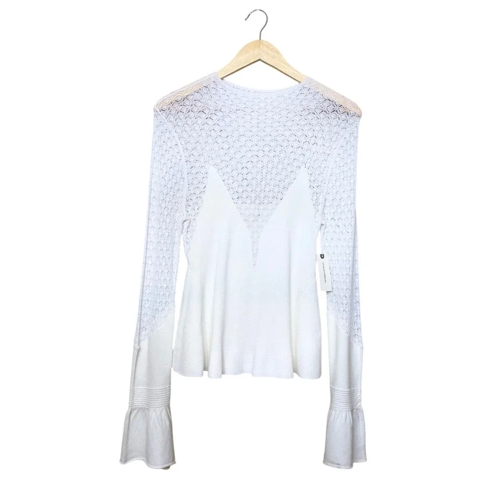 Anthropologie Ivory Crochet Lace Ribbed Peplum Top Bell Sleeve Size M NEW